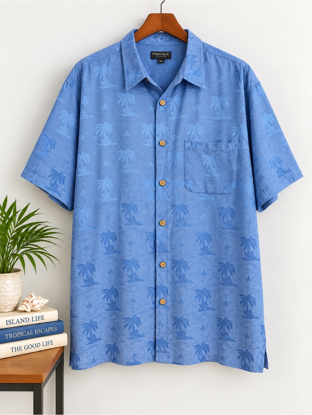 Vintage Blue Jacquard Palm Tree Hawaiian Shirt Coconut Buttons XXL